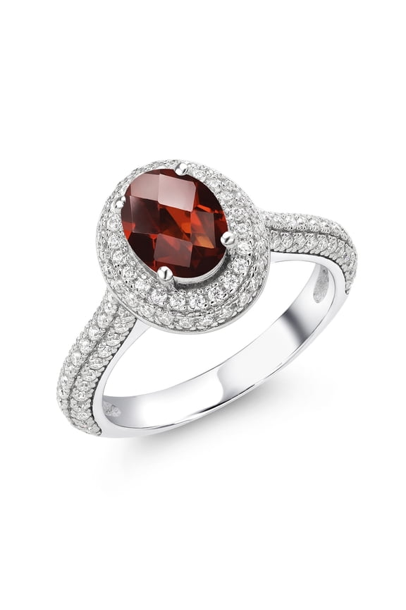 925 Sterling Silver Oval Checkerboard Red Garnet and Moissanite Women Ring (2.17 Cttw, Gemstone Birthstone, Available in Size 5, 6, 7, 8, 9)