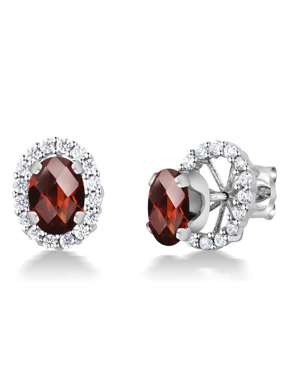 925 Sterling Silver Oval Checkerboard Red Garnet Removable Jacket Stud Earrings for Women