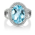 thumbnail image 1 of Gem Stone King 925 Sterling Silver Oval Checkerboard Sky Blue Topaz  Ring for Women | 8.64 Cttw | Gemstone Birthstone | Size 5,6,7,8,9, 1 of 6