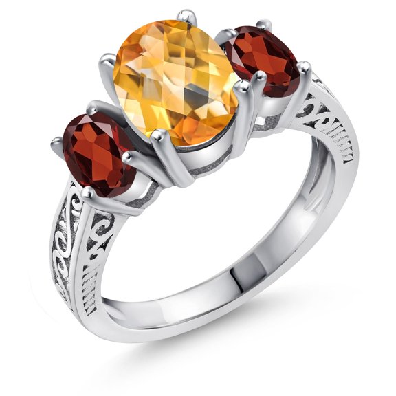 Gem Stone King 2.70 Cttw Oval Checkerboard Yellow Citrine and Red Garnet 3-Stone Ring for Women | 925 Sterling Silver | Gemstone Birthstone | Three Stone Wedding Engagement Anniversary Ring | Size 9
