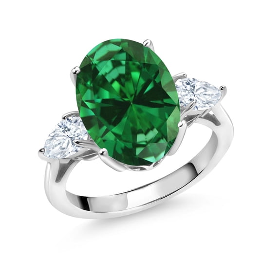 Gem Stone King 925 Sterling Silver Oval Green Created Emerald and White Moissanite 3-Stone Ring for Women | 4.80 Cttw | Oval 14X10MM | Pear Shape 6X4MM | Available in Size 5, 6, 7, 8, 9
