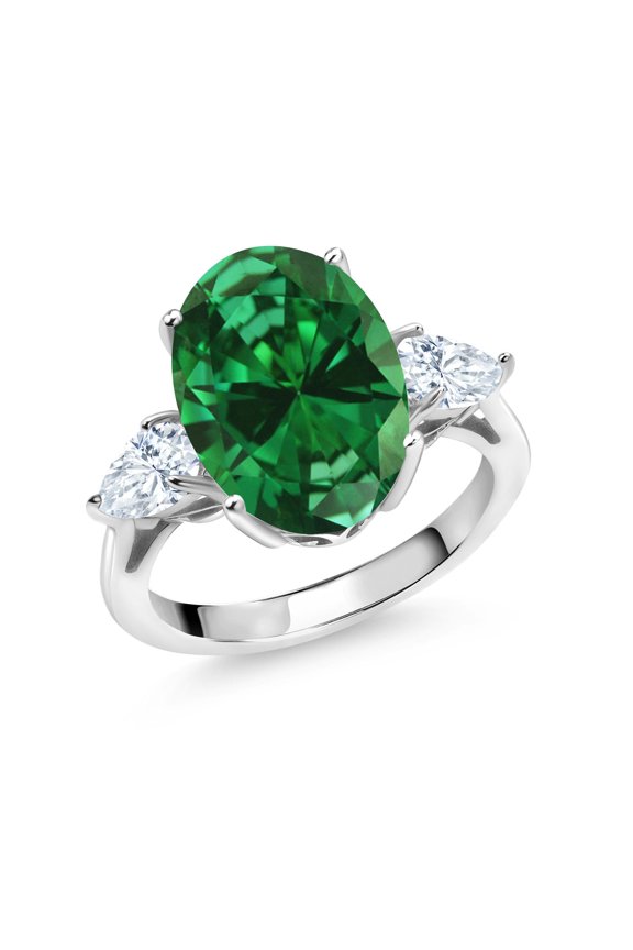 925 Sterling Silver Oval Green Created Emerald and White Moissanite 3-Stone Ring for Women | 4.80 Cttw | Oval 14X10MM | Pear Shape 6X4MM | Available in Size 5, 6, 7, 8, 9