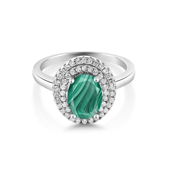 Gem Stone King 925 Sterling Silver Oval Green Malachite Halo Engagement Ring for Women (3.20 Cttw, Gemstone Birthstone, Oval 8X6MM, Size 9)