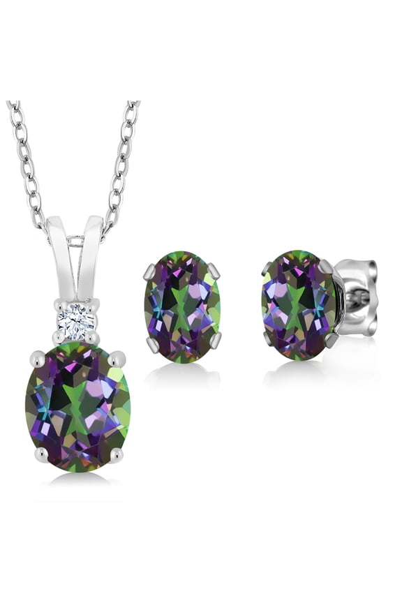 3.63 Cttw Oval Green Mystic Topaz Pendant and Earrings Jewelry Set for Women | 925 Sterling Silver | Gemstone Birthstone | With 18 inch Silver Chain | Fine Jewelry Gifts for Her Mom Wife