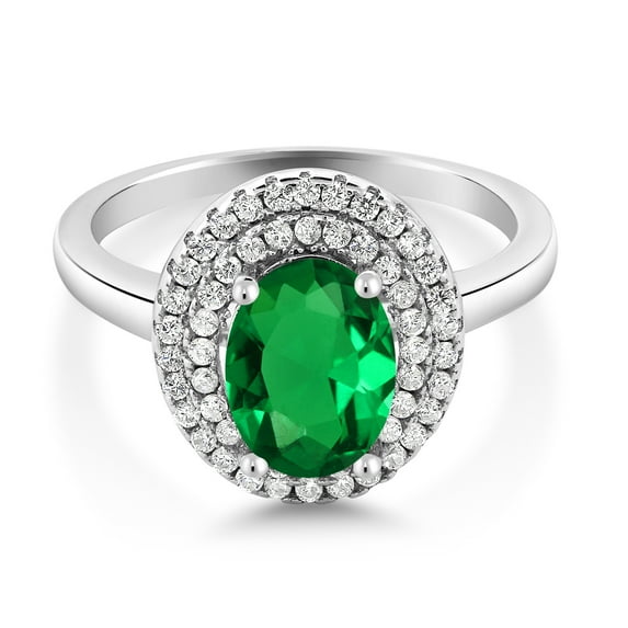 Gem Stone King 925 Sterling Silver Oval Green Nano Emerald Halo Engagement Ring for Women (1.95 Cttw, Gemstone May Birthstone, Oval 8X6MM, Size 5)