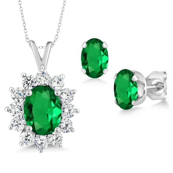 Gem Stone King 925 Sterling Silver Oval Green Nano Emerald Pendant and Earrings Jewelry Set for Women (2.19 Cttw, with 18 inch Silver Chain)