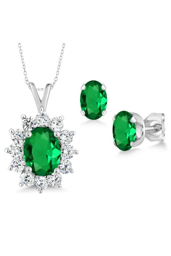 925 Sterling Silver Oval Green Nano Emerald Pendant and Earrings Jewelry Set for Women (2.19 Cttw, with 18 inch Silver Chain)