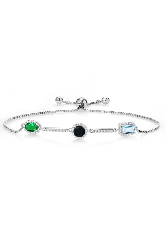 925 Sterling Silver Oval Green Nano Emerald Round Black Onyx and Emerald Cut Sky Blue Aquamarine Tennis Bracelet for Women (1.38 Cttw, Fully Adjustable up to 9 inch)
