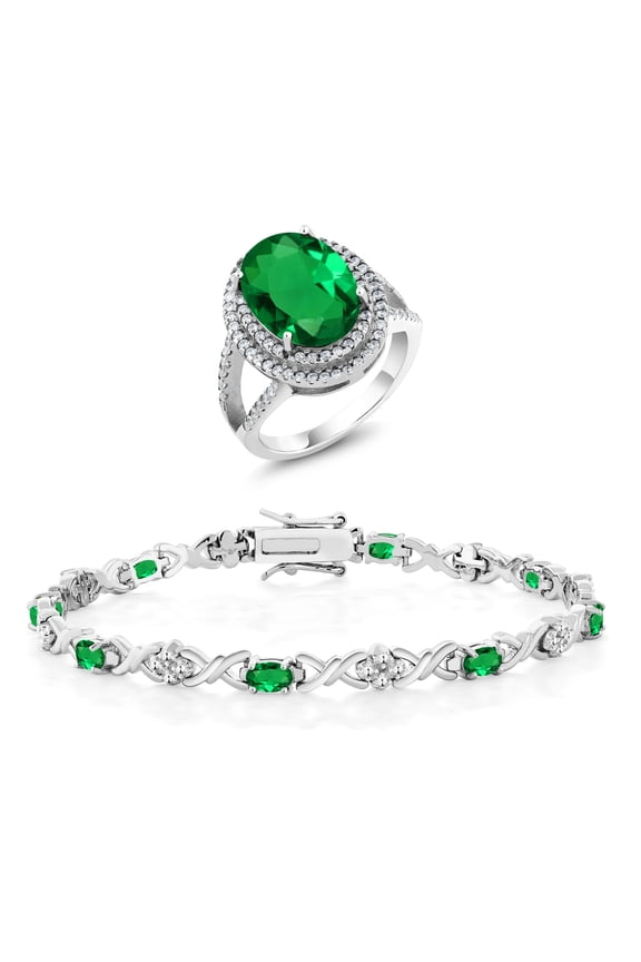 925 Sterling Silver Oval Green Nano Emerald Women Ring and Bracelet Jewelry Set (8.24 Cttw, Size 5)