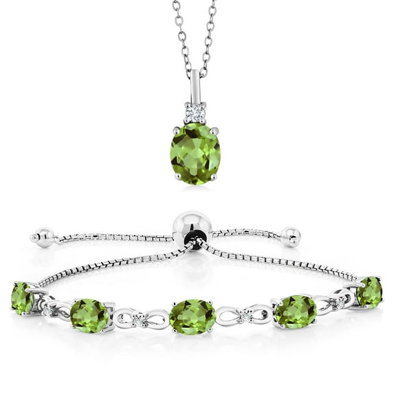 Gem Stone King 6.63 Cttw Oval Green Peridot and White Lab Grown Diamond Pendant and Bracelet Jewelry Set for Women | 925 Sterling Silver | Gemstone Birthstone | With 18 inch Silver Chain