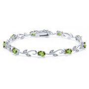Gem Stone King 925 Sterling Silver Oval Green Peridot and Diamond Greek Vine Tennis Bracelet for Women 4.63 Cttw, Gemstone Birthstone, 7 inch