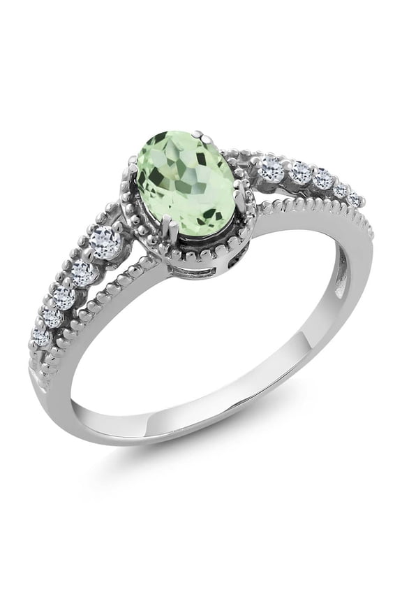 925 Sterling Silver Oval Green Prasiolite White Topaz 0.96 Ct Engagement Ring