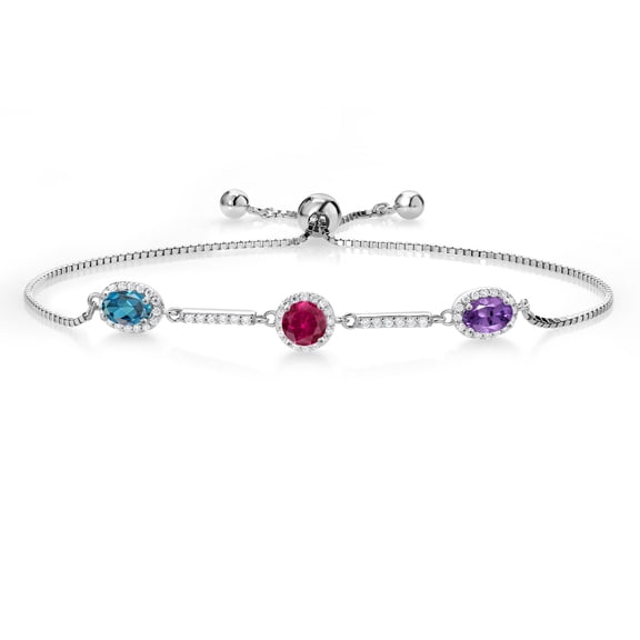 Gem Stone King 925 Sterling Silver Oval London Blue Topaz Round Red Created Ruby and Oval Purple Amethyst Tennis Bracelet for Women (2.05 Cttw, Gemstone Birthstone, Fully Adjustable up to 9 inch)