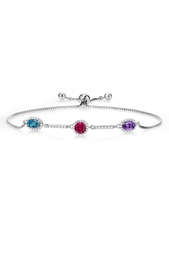 925 Sterling Silver Oval London Blue Topaz Round Red Created Ruby and Oval Purple Amethyst Tennis Bracelet for Women (2.05 Cttw, Gemstone Birthstone, Fully Adjustable up to 9 inch)
