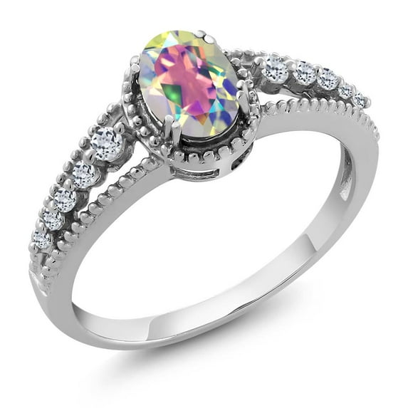 Gem Stone King 925 Sterling Silver Oval Mercury Mist Mystic Topaz and White Topaz Engagement Ring for Women (1.21 Cttw, Available in Size 5, 6, 7, 8, 9)