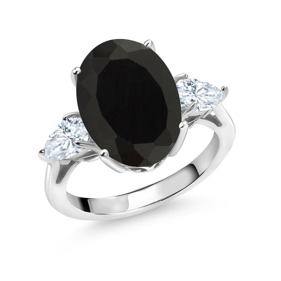 Gem Stone King 925 Sterling Silver Oval Onyx and White Moissanite 3 Stone Ring for Women (5.80 Cttw, Gemstone Birthstone, Available in Size 5, 6, 7, 8, 9)