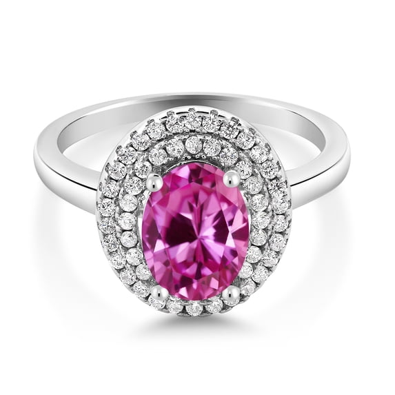 Gem Stone King 925 Sterling Silver Oval Pink Created Sapphire Halo Engagement Ring for Women (2.85 Cttw, Gemstone September Birthstone, Oval 8X6MM, Size 8)