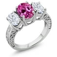 thumbnail image 1 of Gem Stone King 925 Sterling Silver Oval Pink Created Sapphire and Moissanite 3 Stone Ring for Women (2.80 Cttw, Size 8), 1 of 3