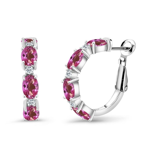 Gem Stone King 925 Sterling Silver Oval Pink Mystic Topaz and White Topaz Hoop Earrings for Women (4.24 Cttw, Oval 6X4MM)