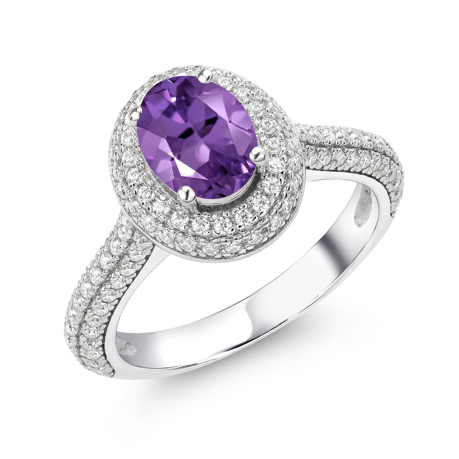 Gem Stone King 925 Sterling Silver Oval Purple Amethyst and White Moissanite Engagement Ring for Women (1.79 Cttw, Gemstone Birthstone, Available in Size 5, 6, 7, 8, 9)