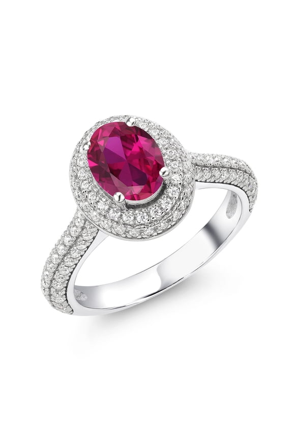 925 Sterling Silver Oval Red Created Ruby and White Moissanite Women Engagement Ring (1.99 Cttw, Available in Size 5, 6, 7, 8, 9)