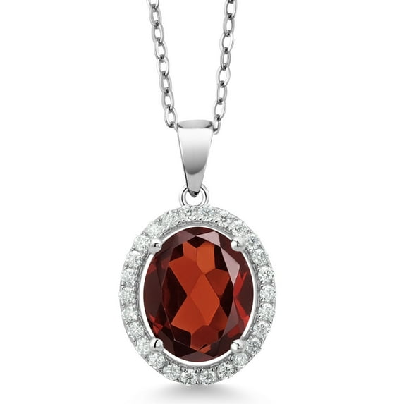 Gem Stone King 925 Sterling Silver Oval Red Garnet and White Moissanite Pendant Necklace for Women (3.97 Cttw, Gemstone Birthstone, with 18 inch Chain)