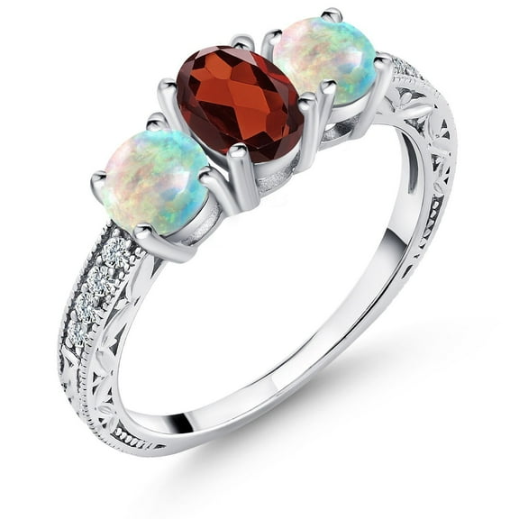 Gem Stone King 925 Sterling Silver Oval Red Garnet and White Simulated Opal Women Ring (2.11 Cttw, Gemstone Birthstone, Size 6)
