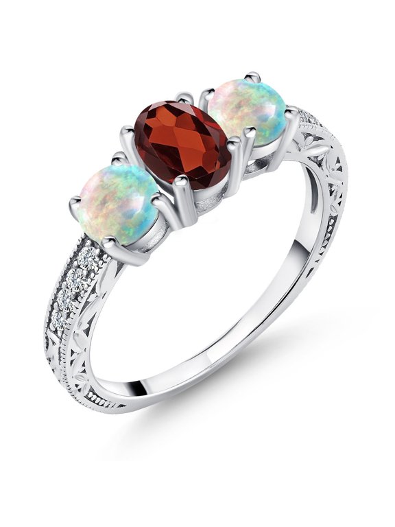 925 Sterling Silver Oval Red Garnet and White Simulated Opal Women Ring (2.11 Cttw, Gemstone Birthstone, Size 9)