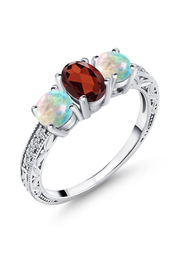 925 Sterling Silver Oval Red Garnet and White Simulated Opal Women Ring (2.11 Cttw, Gemstone Birthstone, Size 6)