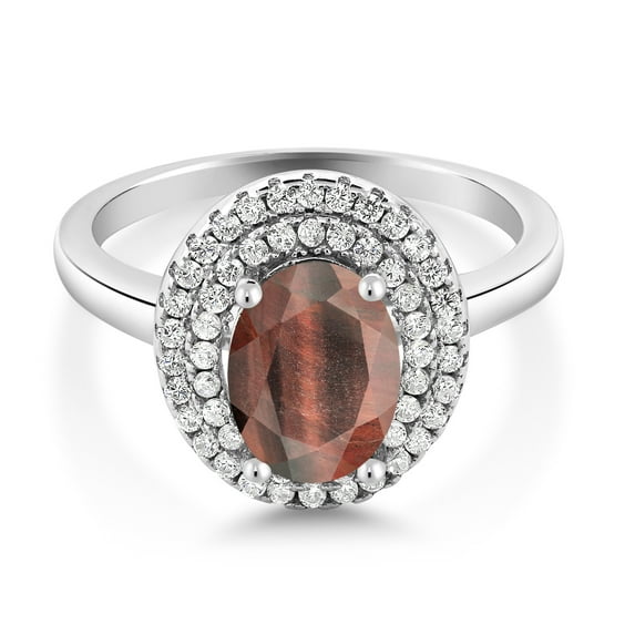 Gem Stone King 925 Sterling Silver Oval Red Tiger Eye Halo Engagement Ring for Women (2.45 Cttw, Gemstone Birthstone, Oval 8X6MM, Size 8)