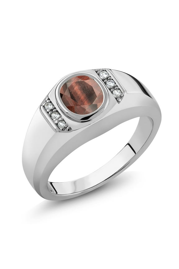 925 Sterling Silver Oval Red Tiger Eye and White Created Sapphire Dad Father's Day Gift Men's Ring (1.31 Cttw, Available in Size 7,8,9,10,11,12,13)