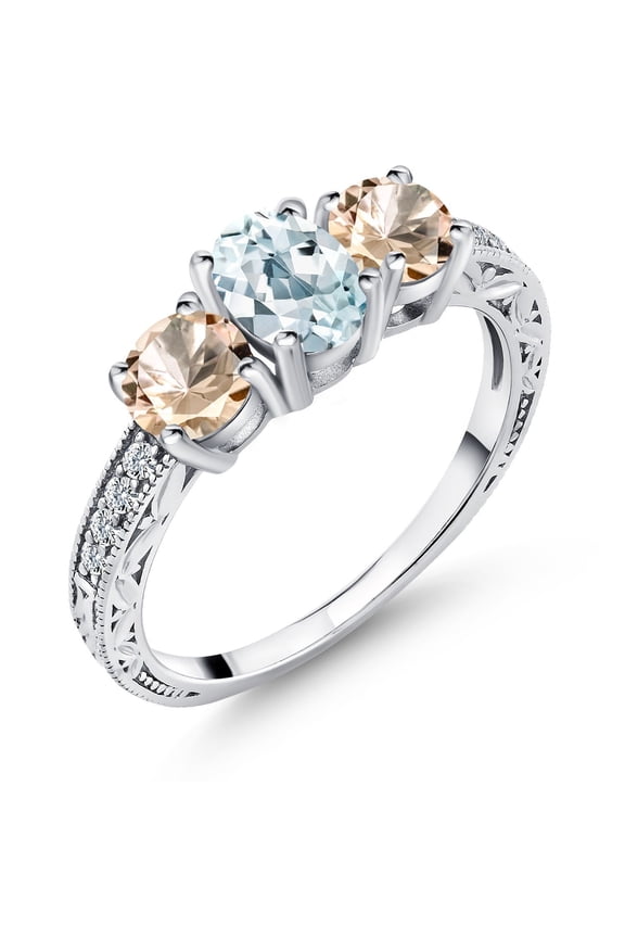 925 Sterling Silver Oval Sky Blue Aquamarine Peach Morganite Ring for Women (1.67 Cttw, Gemstone Birthstone, Size 5)
