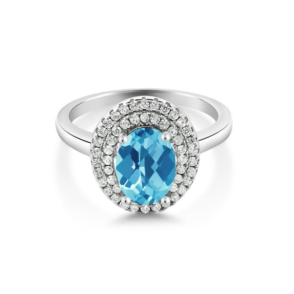 Gem Stone King 925 Sterling Silver Oval Swiss Blue Topaz Halo Engagement Ring for Women (2.50 Cttw, Gemstone November Birthstone, Oval Checkerboard 8X6MM, Size 9)