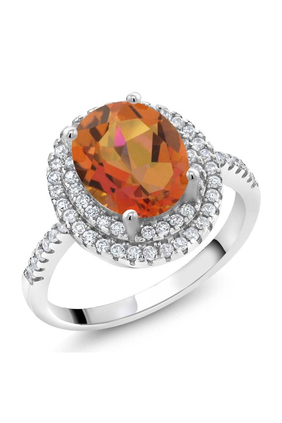 925 Sterling Silver Oval Twilight Orange Mystic Quartz and White Moissanite Halo Engagement Ring for Women | 2.23 Cttw | Gemstone Birthstone | Size 5