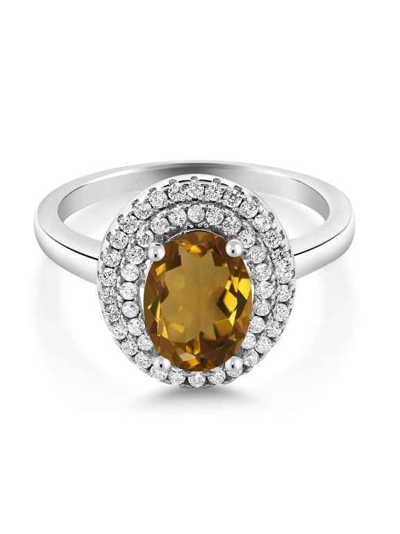 925 Sterling Silver Oval Whiskey Quartz Halo Engagement Ring for Women (2.20 Cttw, Gemstone Birthstone, Oval 8X6MM, Size 5)