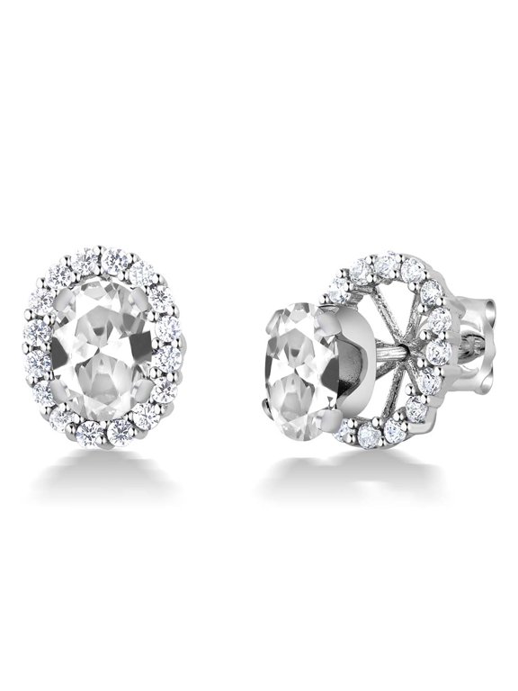 925 Sterling Silver Oval White Created Sapphire Removable Jacket Stud Earrings for Women