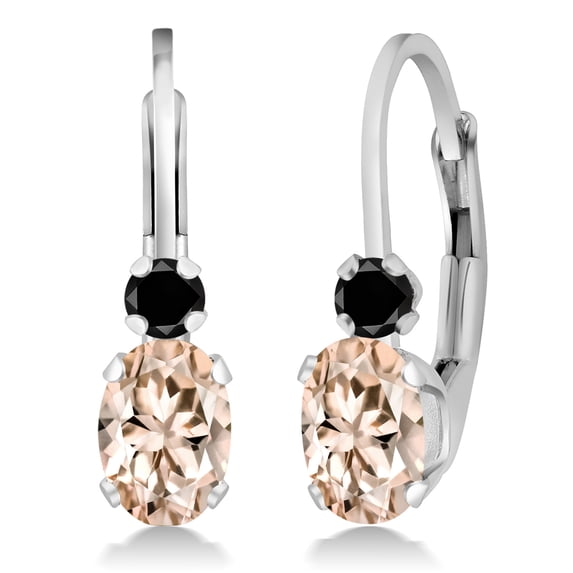 Gem Stone King 925 Sterling Silver Peach Morganite and Black Diamond Leverback Earrings for Women (1.07 Cttw, Gemstone October Birthstone, Oval 6X4MM, Round 2MM, 3/4 inch)