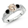thumbnail image 1 of Gem Stone King 925 Sterling Silver Peach Morganite Black Diamond and White Moissanite Engagement Ring for Women (1.07 Cttw, Gemstone October Birthstone, Round 6MM and 3MM, Size 6), 1 of 4