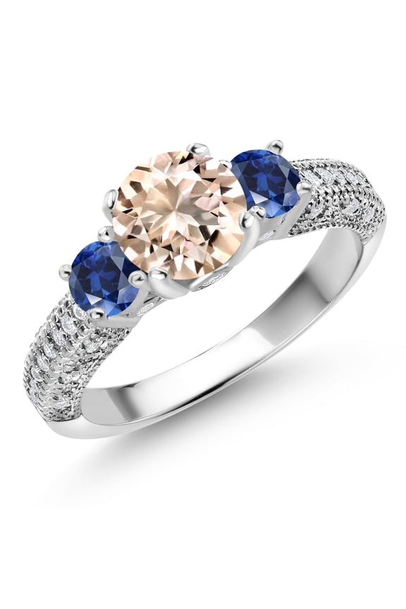925 Sterling Silver Peach Morganite Blue Created Sapphire and White Moissanite Engagement Ring for Women (1.73 Cttw, Gemstone October Birthstone, Round 7MM and 4MM, Size 6)