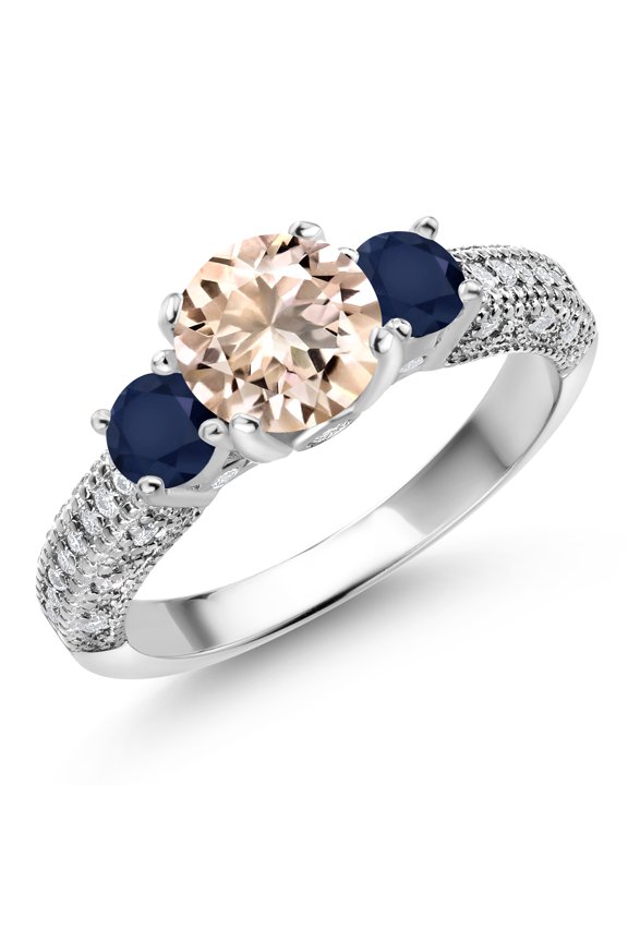 925 Sterling Silver Peach Morganite Blue Sapphire and White Moissanite Engagement Ring for Women (1.93 Cttw, Gemstone October Birthstone, Round 7MM and 4MM, Size 8)