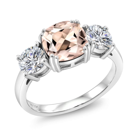 Gem Stone King 925 Sterling Silver Peach Morganite and Lab Grown Diamond Engagement Ring for Women | 2.88 Cttw | Cushion 8MM | Gemstone October Birthstone | Size 9