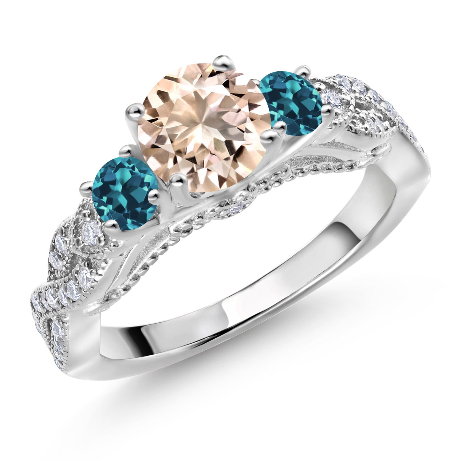Gem Stone King 1.13 Cttw Peach Morganite London Blue Topaz and White Moissanite Engagement Ring for Women | 925 Sterling Silver | Gemstone Birthstone | Round 6MM and 3MM | Size 5-9 | Size 6