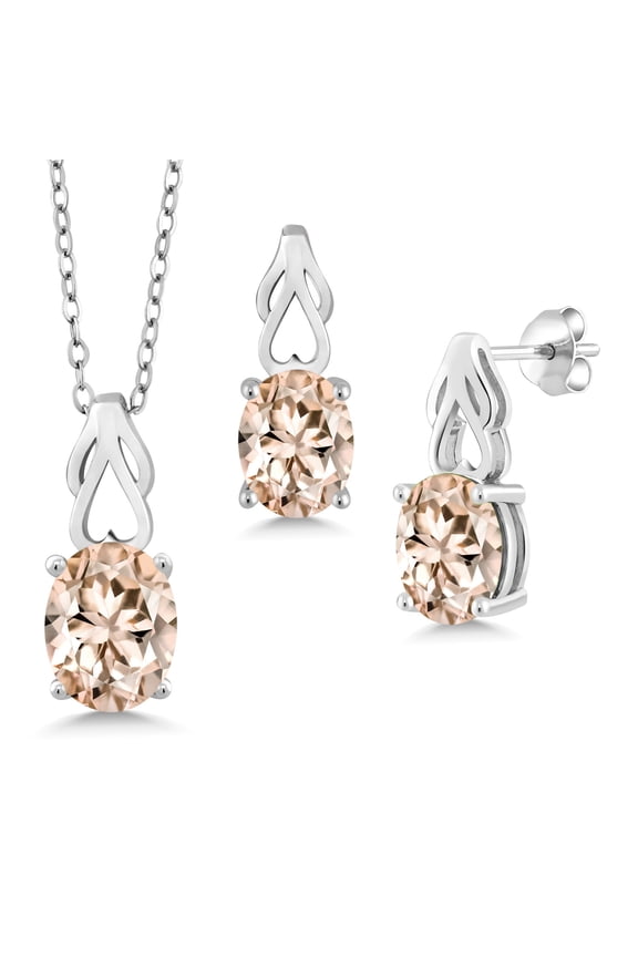 925 Sterling Silver Peach Morganite Pendant and Earrings Jewelry Set for Women | 4.80 Cttw | Oval 9X7 | Gemstone October Birthstone | with 18 inch Chain