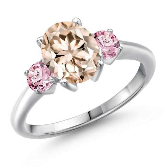 Gem Stone King 925 Sterling Silver Peach Morganite and Pink Lab Grown Diamond Engagement Ring for Women | 2.10 Cttw | Oval 9X7MM | Gemstone October Birthstone | Size 9
