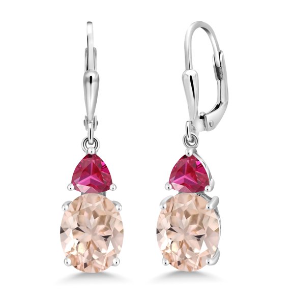 Gem Stone King 925 Sterling Silver Peach Morganite and Red Created Ruby Dangle Earrings for Women (4.86 Cttw, Gemstone October Birthstone, Oval 10X8MM, Trillion 5MM)