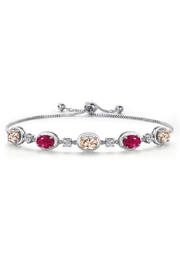 925 Sterling Silver Peach Morganite and Red Ruby Bracelet for Women | 3.95 Cttw | Gemstone October Birthstone | Oval 7X5MM | Fully Adjustable 9 inch