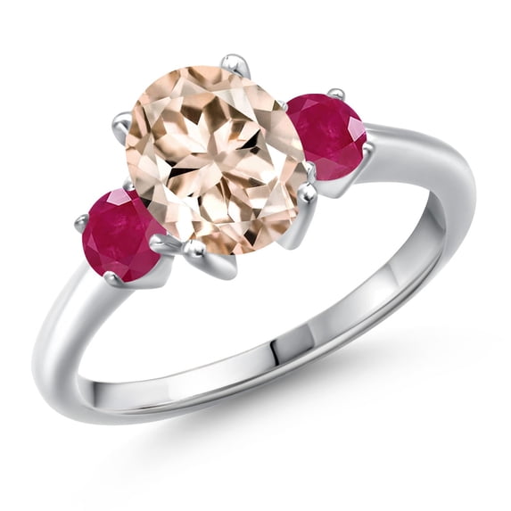 Gem Stone King 925 Sterling Silver Peach Morganite and Red Ruby Engagement Ring for Women | 2.30 Cttw | Oval 9X7MM | Gemstone October Birthstone | Size 9