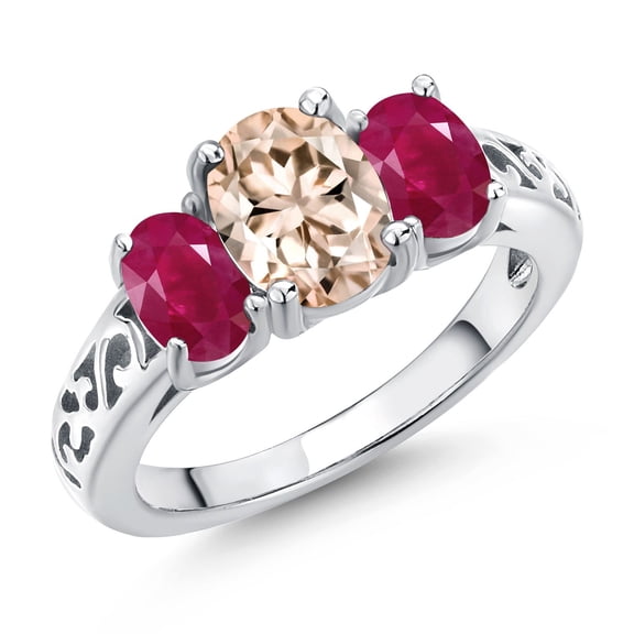 Gem Stone King 925 Sterling Silver Peach Morganite and Red Ruby Filigree Style 3 Stone Ring for Women (2.20 Cttw, Oval 8X6MM and 6X4MM) (Size 6)