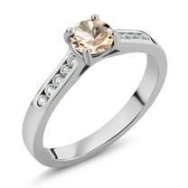 Gem Stone King 925 Sterling Silver Peach Morganite and White Created Sapphire Engagement Ring for Women | 0.50 Cttw | Round 5MM | Gemstone October Birthstone | Size 9