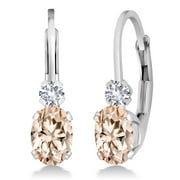 GEM STONE KING 925 Sterling Silver Peach Morganite and White Created Sapphire Leverback Earrings for Women (1.08 Cttw, Gemstone October Birthstone, Oval 6X4MM, Round 2MM, 3/4 inch)
